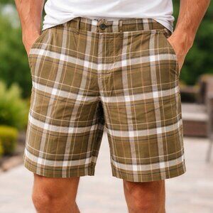 Joe Fresh Green Madras Plaid Cotton 7 Inch Flat Front Bermuda Shorts Sz 38 NWOT